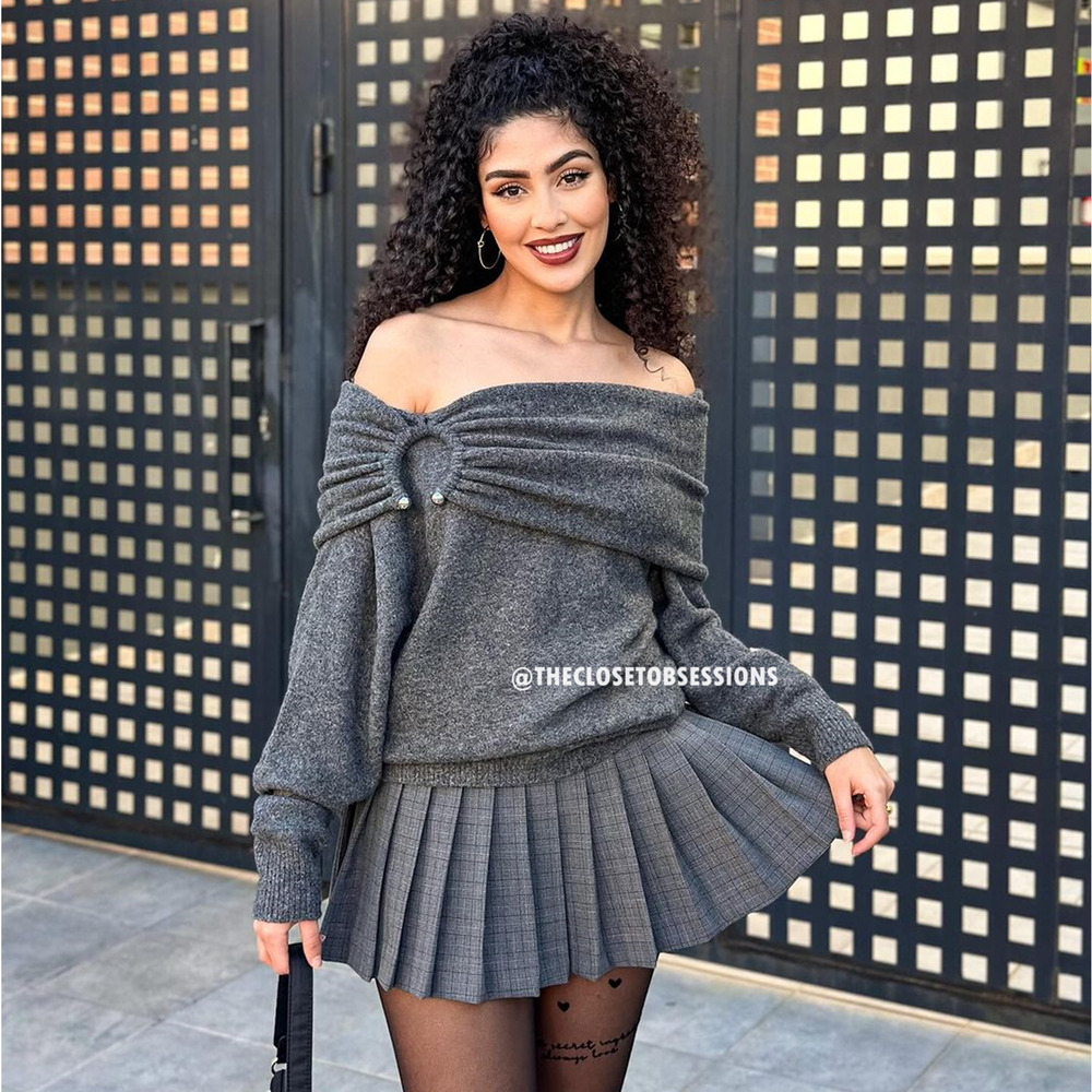ZARA Bardot Off Shoulder Knit Sweater NWT Gray Foldover Neck Pearl Detail M - Picture 6 of 16